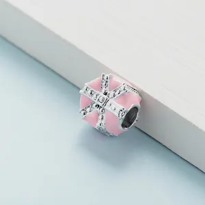 Elegant pink enamel gift box charm for DIY bracelets with silver micro-bead metal details
