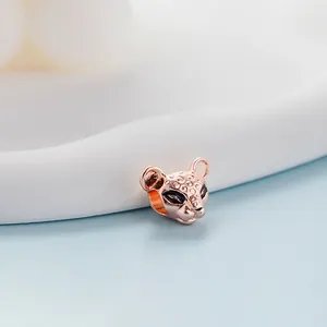 Elegant rose gold leopard head bead charm with black enamel details for DIY jewelry