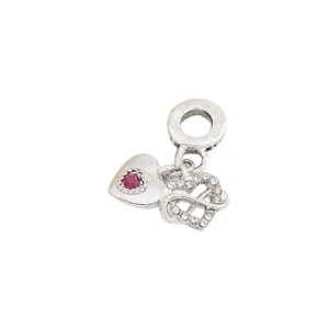 Silver heart double pendant charm with red gemstone and pavé crystals for charm bracelets