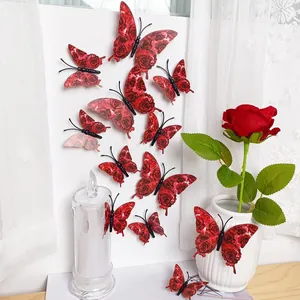 Set of 3D red rose pattern butterfly wall stickers for Valentine home decoration