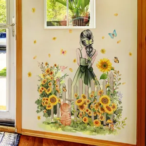 Αυτοκόλλητο τοίχου με κορίτσι κινουμένων σχεδίων και ηλίανθους για διακόσμηση
