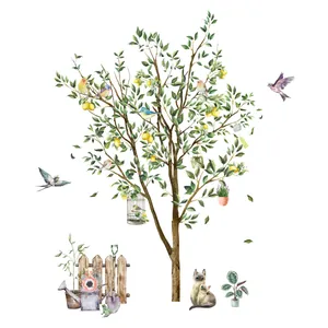 Aquarel citroenboom muursticker met katten en vogels voor decoratie kinderkamer