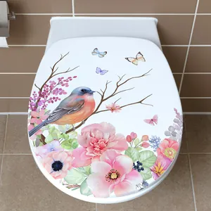 Toilet Lid Sticker Waterproof PVC Self Adhesive Bird Flower Butterfly Pattern Hand Painted Bathroom Decor Home Accessory