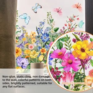 Vista detallada de adhesivos florales de doble cara con tecnología estática para vidrio