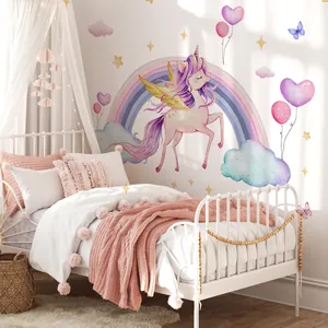 Watercolor unicorn wall stickers set with rainbow and stars for kids bedroom decor