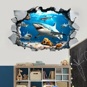 3D oceaan haaien muursticker met gebroken muureffect voor de kinderkamer decor