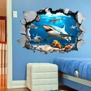 Detail van 3D muursticker haai met muurdoorbraak effect voor de kinderkamer