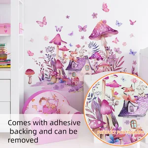 Adhesive watercolor mushroom house wall stickers with fox and rabbit for kids room decor