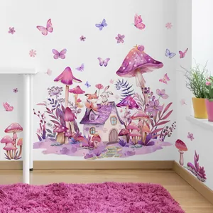 Detail of watercolor mushroom house wall stickers with fox and rabbit in a nursery
