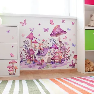 Detail of cartoon mushroom house wall stickers with cute animals and purple butterflies