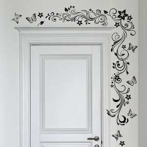 Stickers muraux élégants fleurs noires et papillons pour décoration de porte salon
