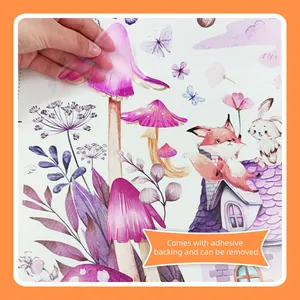 Detail showing self-adhesive and removable watercolor mushroom fairy wall stickers for kids