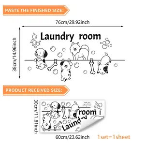 Sticker mural pour buanderie motif chien et bulles, décor adhésif format 76x38cm fini