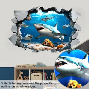 Gedetailleerde 3D witte haai muursticker met realistisch muureffect en oceaan thema