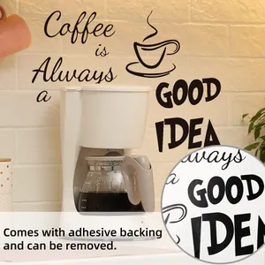 Nahaufnahme des mattschwarzen Wandtattoos Coffee mit Kleberückseite auf weißer Ziegelwand