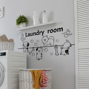 Stickers muraux buanderie avec chiens de dessin animé et texte Laundry Room