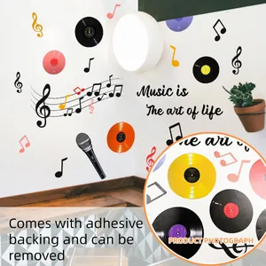 Self-adhesive music wall decals featuring vinyl records, notes and microphone for home decor