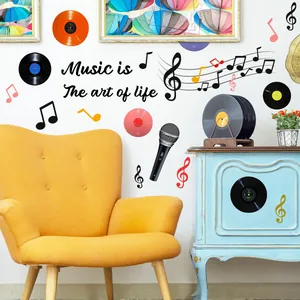 Music themed wall stickers with vinyl records and microphone for home wall decor