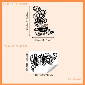 Minimalistischer Kaffeetassen-Wandtattoo mit Blumen, 40x30cm DIY Küchendekoration