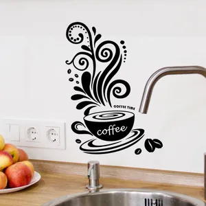Schwarzes Wandtattoo Coffee Time mit Tasse und Kaffeebohnen für die Küche Dekor