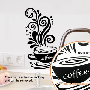 Detail von schwarzem Kaffee-Wandtattoo mit Kleberücken für Küchen- und Café-Wanddekoration