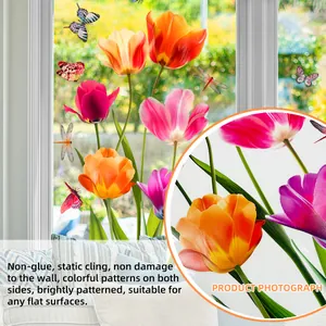 Detalle de pegatinas electrostáticas para ventanas con tulipanes y mariposas de doble cara