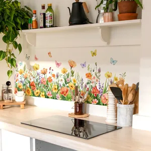 Watercolor floral wall stickers with colorful butterflies and wildflowers for home decor