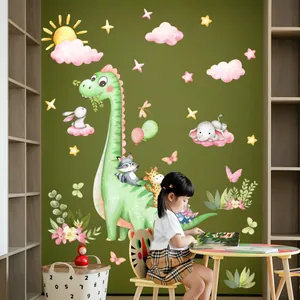Detailed wall sticker set featuring green dinosaur, clouds and forest animals for nursery