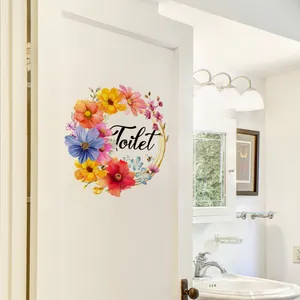 Aquarell Blumenkranz Toilette Schild Wandaufkleber Wasserdicht PVC Selbstklebend Badezimmer Tür Deko Blume Aufkleber Für Waschraum