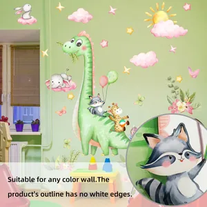 Detailed macro view showing watercolor texture of cartoon animal wall stickers on a green wall