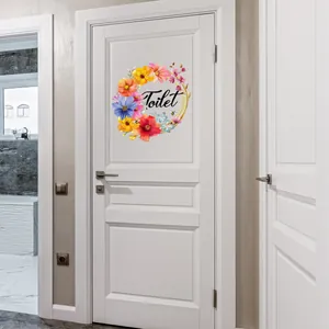 Toilettentür-Aufkleber mit floralem Aquarell-Blumenkranz für Badezimmer Wanddekoration