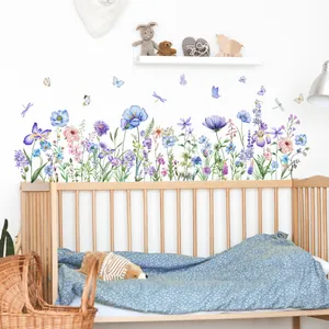Watercolor floral wall stickers with butterflies and dragonflies for living room decoration