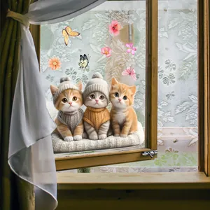 Kreativer niedlicher Cartoon Kätzchen mit Blumen statischer Fensteraufkleber Deko