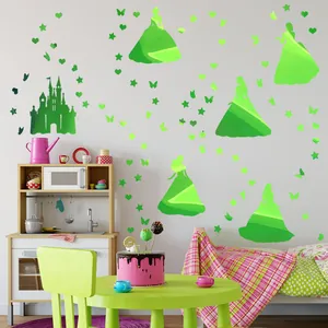 Luminous princess castle and stars wall decals in vibrant green for kids room decor