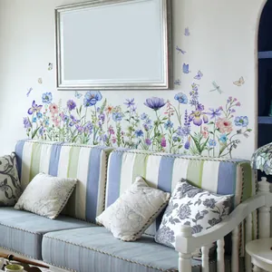 Detailed watercolor flower wall decals with blue butterflies and dragonflies for home decor