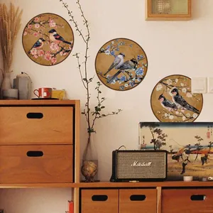 Lot de trois stickers muraux vintage style chinois avec motifs de fleurs et oiseaux