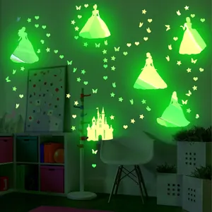Luminous glow-in-the-dark wall stickers set with princess, castle and stars for kids room