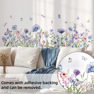 Detail of floral butterfly wall decals with adhesive backing and watercolor style