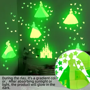 Luminous wall stickers showing glow-in-the-dark princess, castle, and butterfly motifs