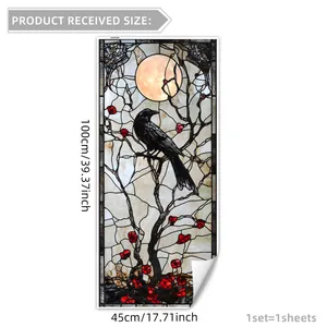 Stained glass style window sticker featuring a black crow on a branch with flowers