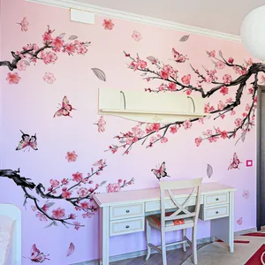 Pink cherry blossom and butterfly wall decals for living room and bedroom decor