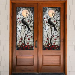 Stained Glass Style Window Sticker Static Cling PVC Bird Branch Crow Full Moon Pattern Privacy Film Home Decor For Glass Door
