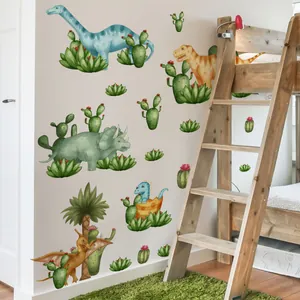 Cartoon dinosaur and cactus wall decals for kids bedroom decor featuring cute hand-drawn animals