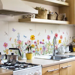 Kitchen wall tile decor with watercolor flower, dragonfly and butterfly stickers