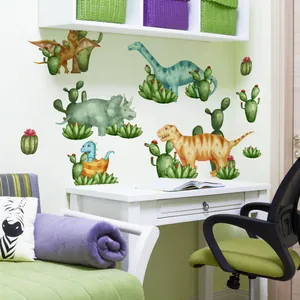 Watercolour dinosaur wall stickers with cacti for a cozy kids room interior decoration