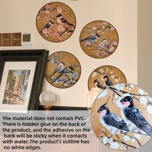 Stickers muraux oiseaux et fleurs sans PVC avec adhésif activé par l'eau style vintage