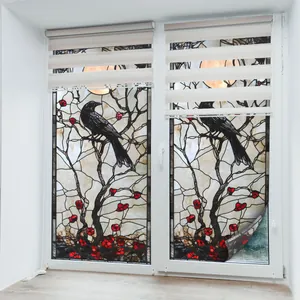 Double-sided stained glass window film with black raven on floral branch and moon