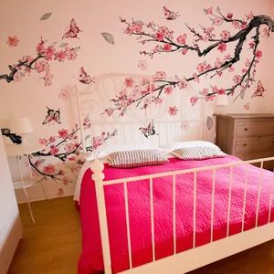 Pink cherry blossom and butterfly wall decals for living room and bedroom decor
