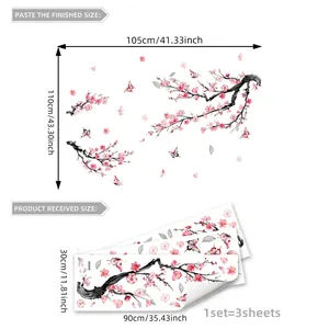Pink floral tree wall decal set showing 105x110cm finished size with butterflies