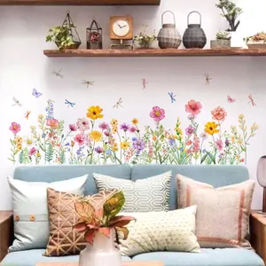 Watercolor floral wall stickers with colorful flowers, butterflies and dragonflies for home decor